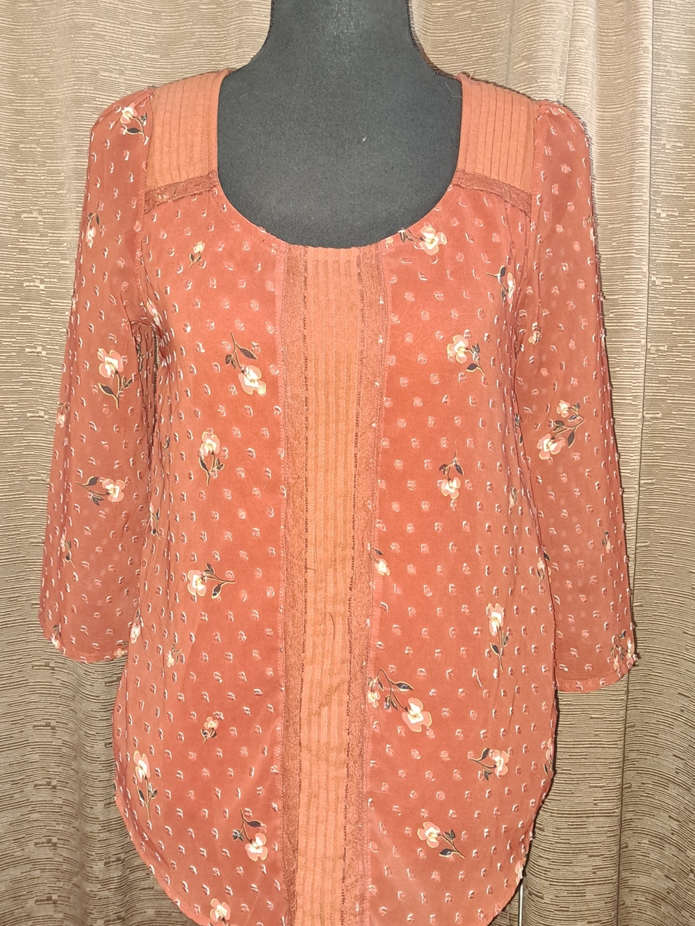 LC Lauren Conrad Rust Floral Pintuck Scoop Neck Blouse